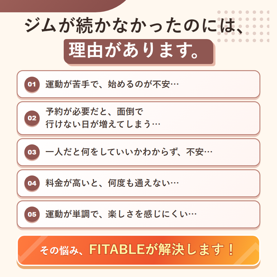 運動への不安、予約の手間、一人で迷う不安、料金、単調さ。続かなかった理由をFITABLEが解決します。